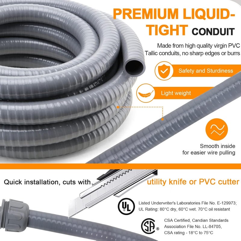 DWALE Liquid-Tight Conduit and Connector Kit,Flexible Non Metallic Liquid Tight Electrical Conduit,1-1/4inch25ft Electrical Conduit Kit,with4 Straight and2 Angle Fittings Included,1-1.4 in. Dia - Image 3